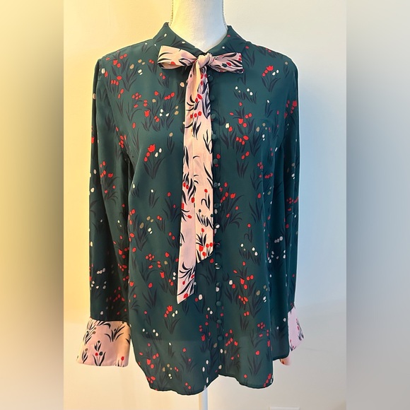 Boden Sophia Silk Blouse 12 dark green/ pink NWOT mid size - Picture 10 of 16